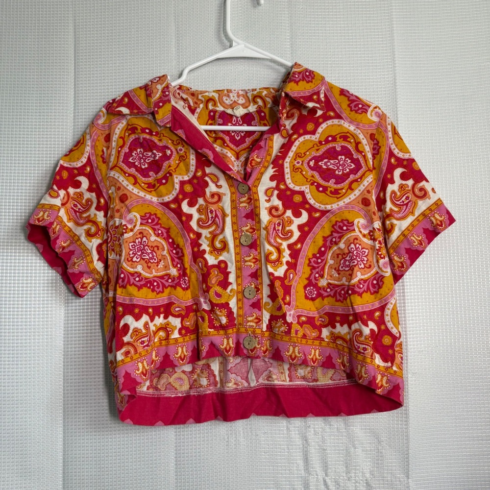 Haute Hippie Style Shirt Linen Blend Paisley Cropped Button Down Boho S